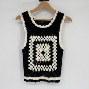 Balboa Granny Square Knit Sweater Tank Vest Size S Black and White 1970’s‎ Retro